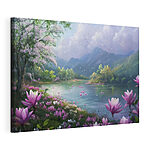Cuadros Río con flores y montañas al fondo