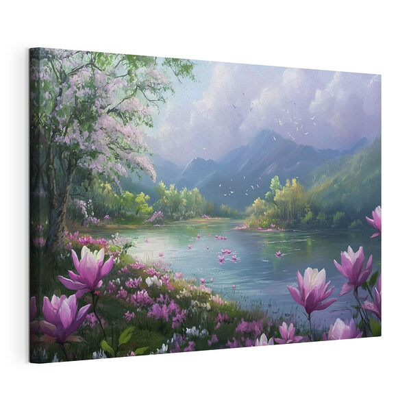 Río con flores y montañas al fondo Cuadros Río con flores y montañas al fondo
