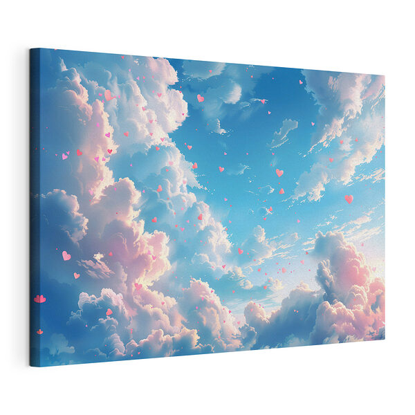 Cuadros Cielo azul con nubes y corazones rosas