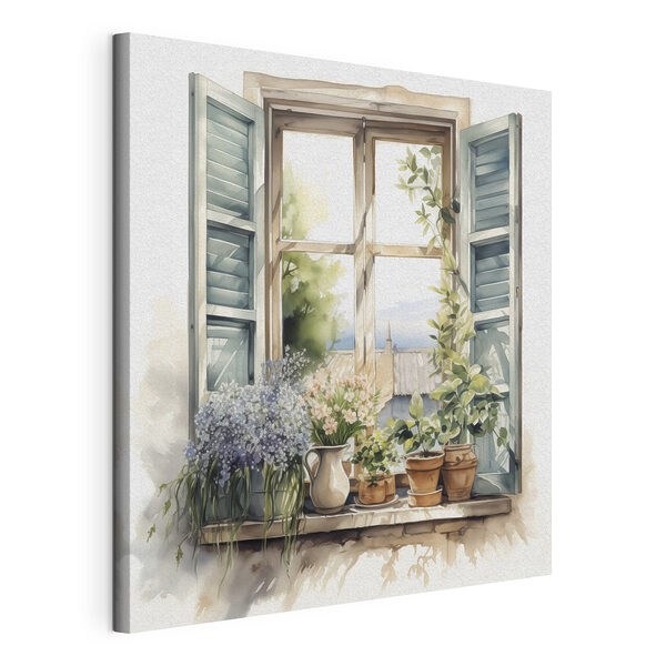 Pintura en acuarela de una ventana con plantas en macetas Cuadros Pintura en acuarela de una ventana con plantas en macetas