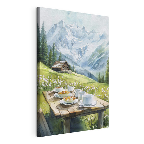 Cuadros Mesa con platos de comida y tazas encima, con montañas al fondo