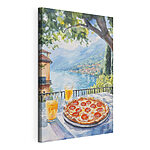Cuadros Pintura en acuarela de una pizza y unas bebidas sobre una mesa