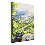 Cuadros Cuadro en el que se ven copas de vino y uvas sobre una mesa, frente a un viñedo