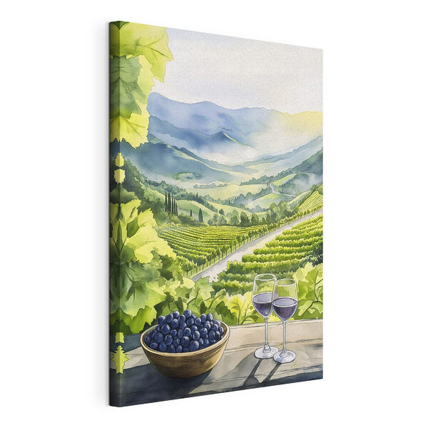 Cuadro en el que se ven copas de vino y uvas sobre una mesa, frente a un viñedo Cuadros Cuadro en el que se ven copas de vino y uvas sobre una mesa, frente a un viñedo