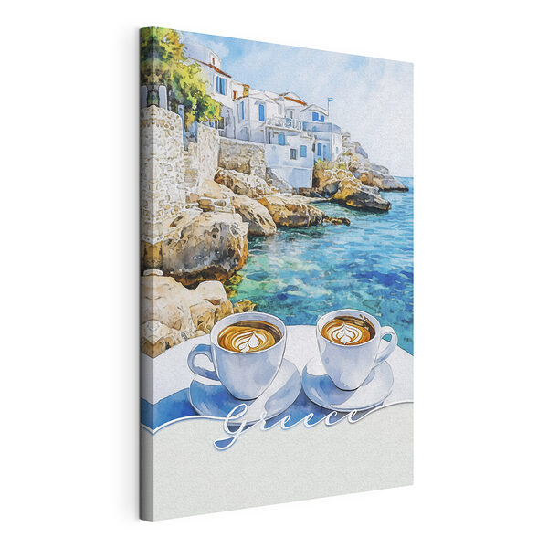 Dos tazas de café sobre una mesa junto al agua Cuadros Dos tazas de café sobre una mesa junto al agua