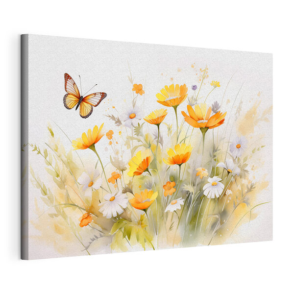 Cuadros Mariposa volando sobre unas flores amarillas y blancas