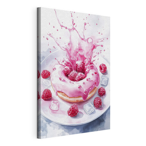 Una rosquilla con glaseado rosa y frambuesas que caen sobre un plato blanco Cuadros Una rosquilla con glaseado rosa y frambuesas que caen sobre un plato blanco