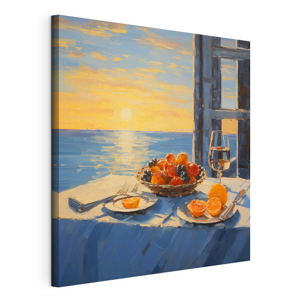 Cuadro en el que se representa una cesta de fruta sobre una mesa, junto a una copa de vino Cuadros Cuadro en el que se representa una cesta de fruta sobre una mesa, junto a una copa de vino