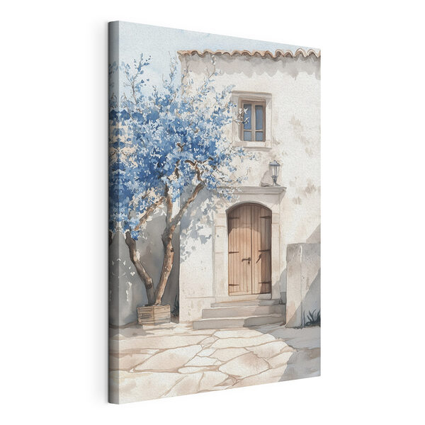 Cuadros Pintura en acuarela de una casa con un árbol y una puerta