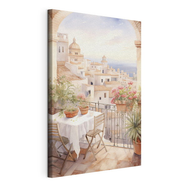 Cuadros Cuadros Acuarela de una mesa y unas sillas en un balcón con vistas a la ciudad (SKU: s43184)