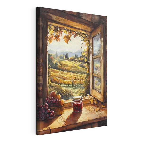 Cuadros Ventana con vistas a un viñedo y un tarro de mermelada
