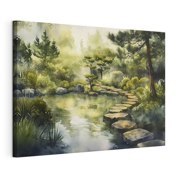 Cuadros Pintura en acuarela de un sendero que conduce a un estanque
