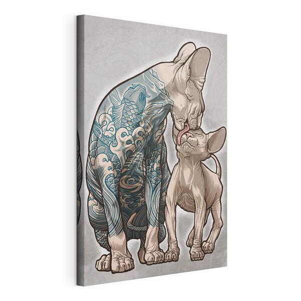 Cuadros Dibujo de un gato lamiendo a un perro sin pelo