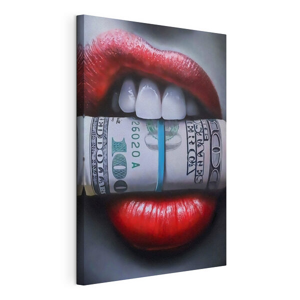 Cuadros Unos labios rojos aprietan un fajo de billetes