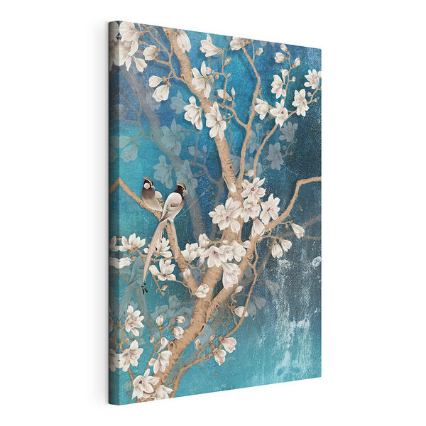 Cuadros Árbol con flores blancas y pájaros