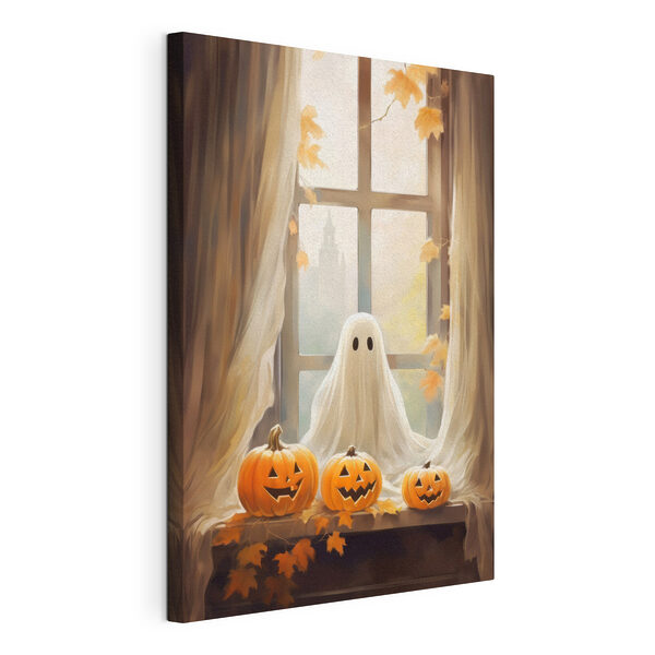 Un grupo de calabazas y un fantasma sentados en el alféizar de una ventana Cuadros Un grupo de calabazas y un fantasma sentados en el alféizar de una ventana