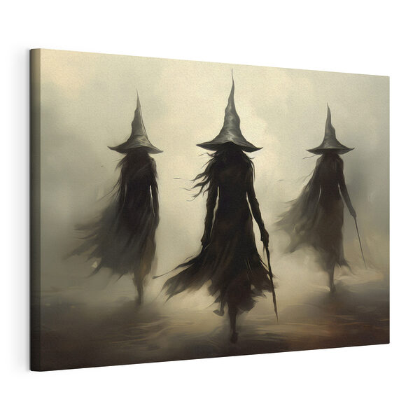 Cuadros Grupo de mujeres con túnicas negras y sombreros caminando entre la niebla