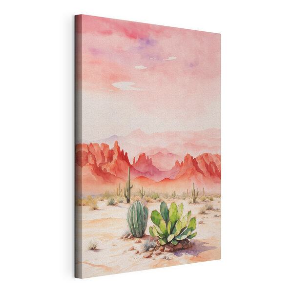 Pintura en acuarela de un paisaje desértico con cactus y montañas Cuadros Pintura en acuarela de un paisaje desértico con cactus y montañas