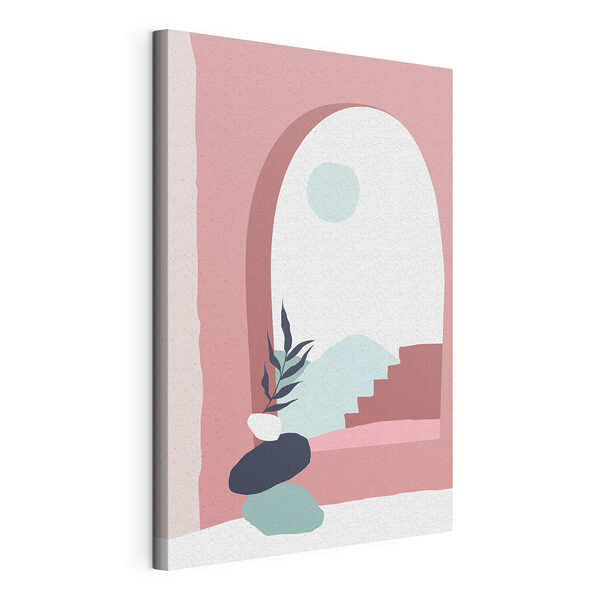 Cuadros Ilustración en rosa y azul de una ventana con una planta en un jarrón