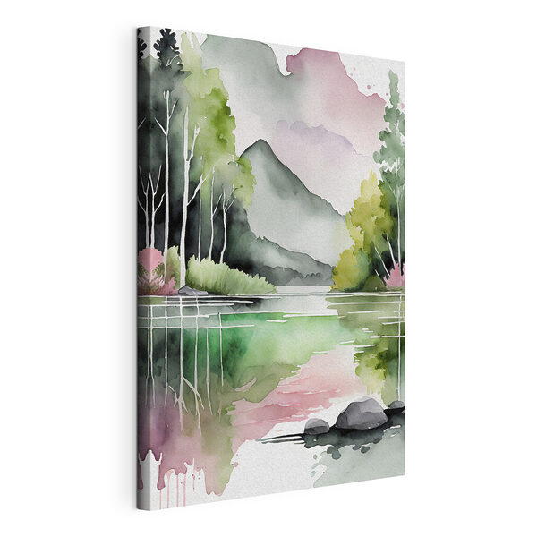 Cuadros Pintura en acuarela de un lago con árboles y montañas al fondo