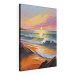 Cuadros Cuadro de una playa con olas y una puesta de sol