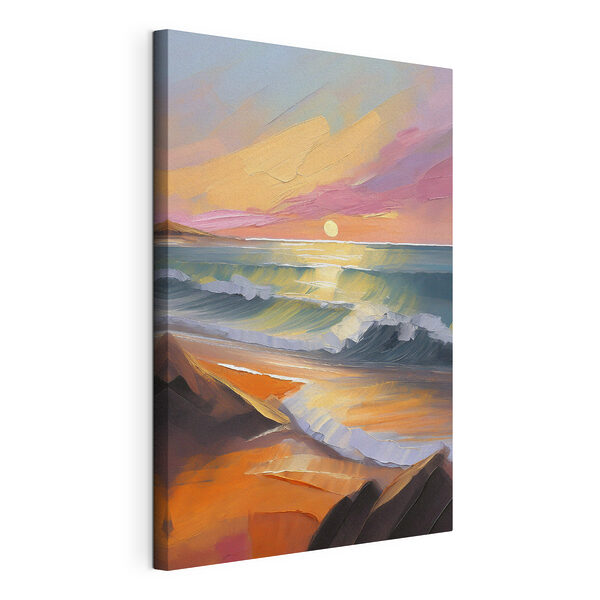 Cuadros Cuadro de una playa con olas y una puesta de sol