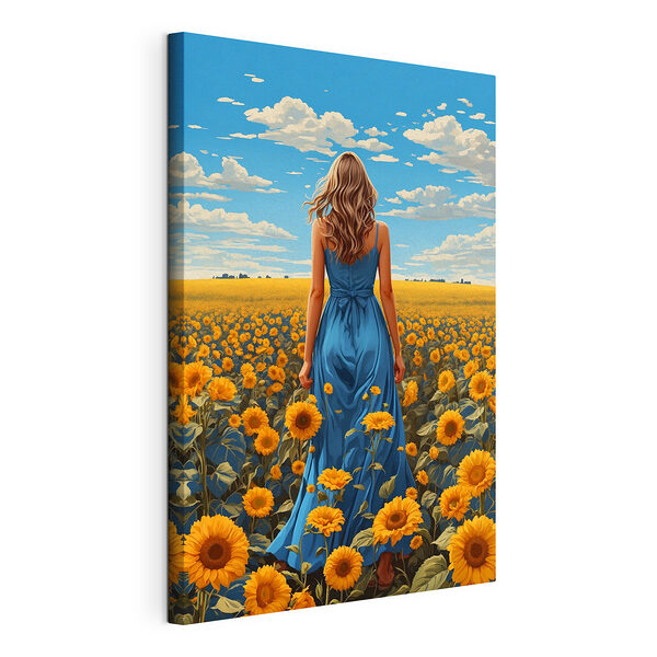 Una mujer con un vestido azul en un campo de girasoles Cuadros Una mujer con un vestido azul en un campo de girasoles