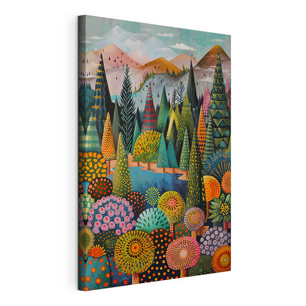 Cuadros Un bosque lleno de vida bajo unas montañas de colores vivos