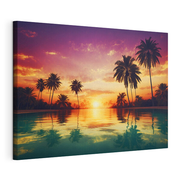 Cuadros Puesta de sol sobre una masa de agua con palmeras