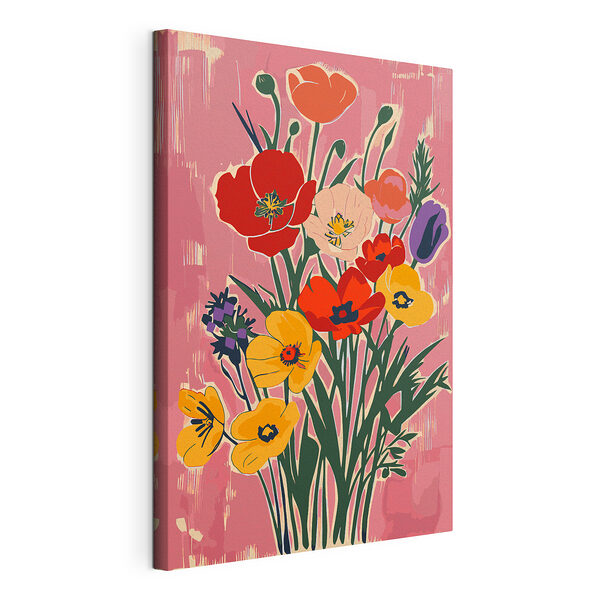 Cuadros Ramo de flores de vivos colores sobre un lienzo rosa