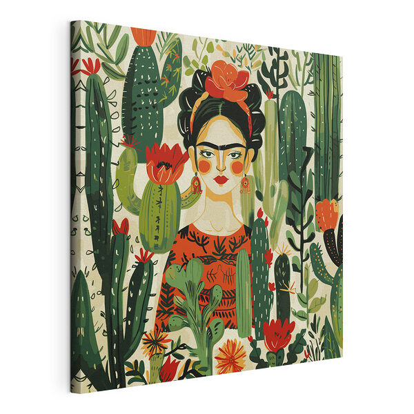 Cuadros Mujer rodeada de cactus de colores vivos