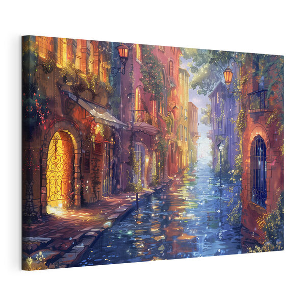 Cuadros Una calle junto al río, mágica al atardecer