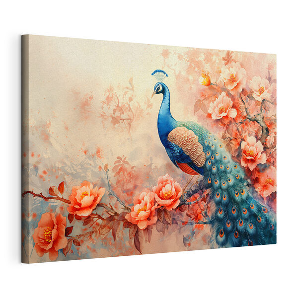 Cuadros Un majestuoso pavo real entre flores de vivos colores