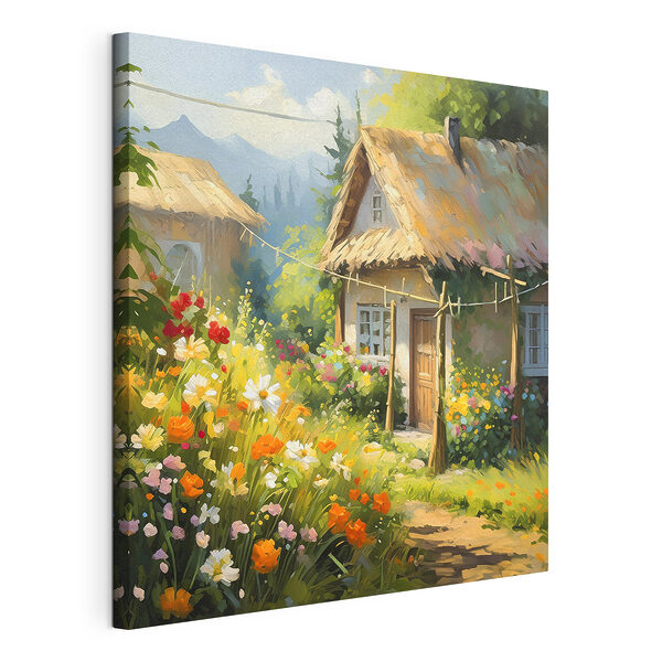 Cuadros Casita rodeada de un jardín lleno de flores de vivos colores