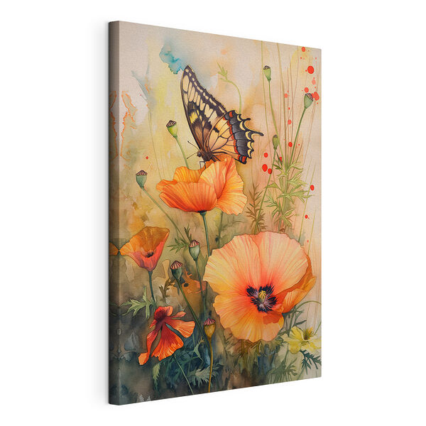 Cuadros Mariposa posada sobre unas flores de amapola de colores vivos