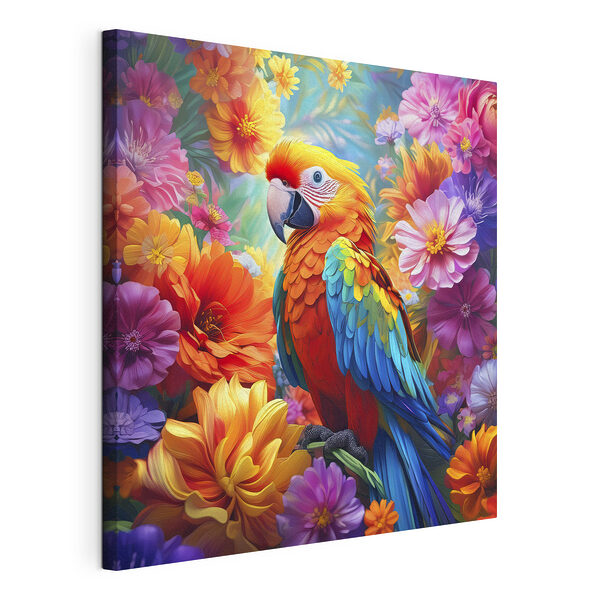 Cuadros Un colorido loro entre flores de vivos colores (SKU: s38611) Cuadros Cuadros Un colorido loro entre flores de vivos colores (SKU: s38611)
