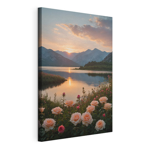 Cuadros Lago con flores y montañas al fondo