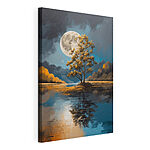 Cuadros Un árbol junto a un lago con la luna llena al fondo