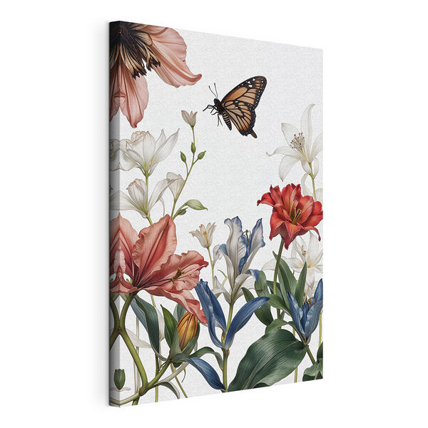 Cuadros Una mariposa revolotea entre flores de vivos colores