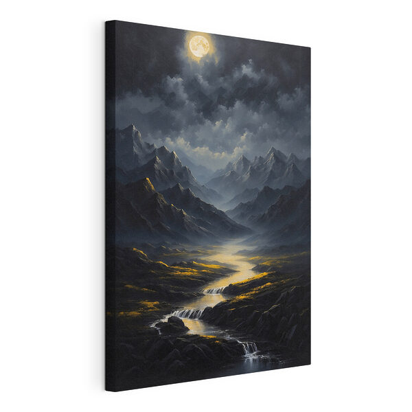Cuadros Montañas a la luz de la luna y un río sinuoso