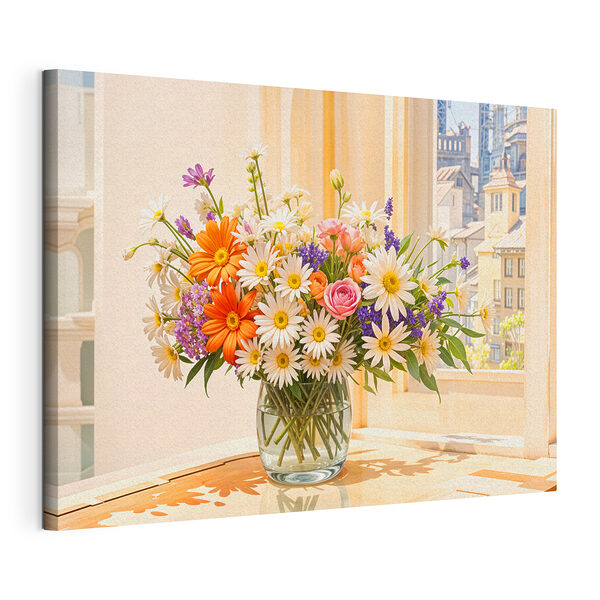 Cuadros Ramo de flores de colores vivos en una habitación iluminada por el sol