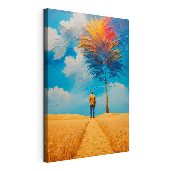 Cuadros Un hombre de pie delante de un cuadro en el que se ve un árbol
