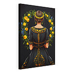 Cuadros Vista de espaldas de una mujer que lleva un vestido negro con flores amarillas
