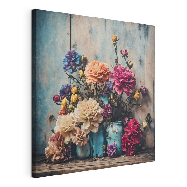 Ramo de flores de colores en jarrones azules Cuadros Ramo de flores de colores en jarrones azules