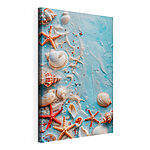 Cuadros Conjunto de conchas marinas y estrellas de mar sobre una superficie azul