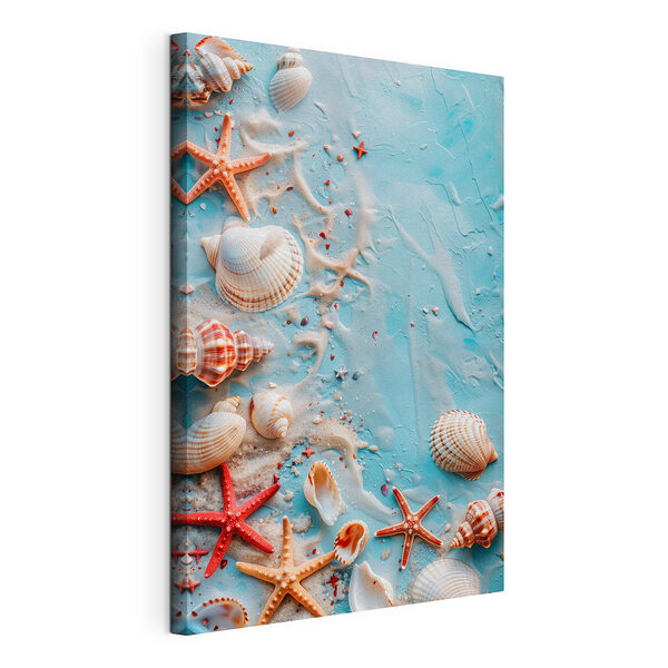 Conjunto de conchas marinas y estrellas de mar sobre una superficie azul Cuadros Conjunto de conchas marinas y estrellas de mar sobre una superficie azul