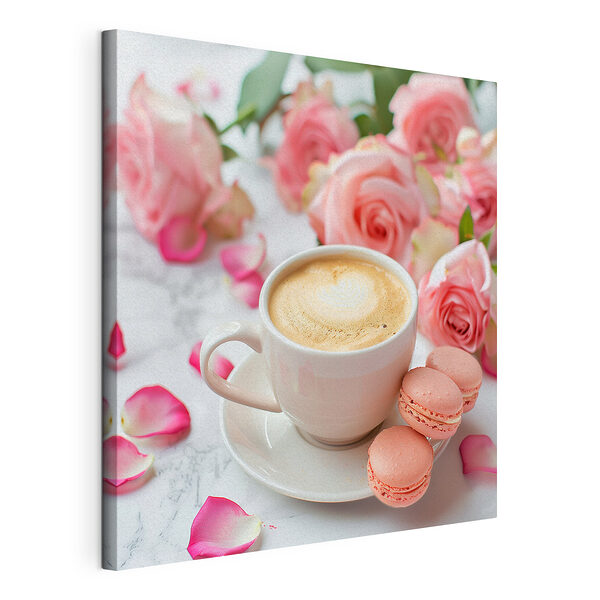 Cuadros Una taza de café y rosas rosas