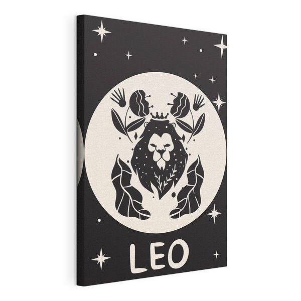 Cuadros Imagen en blanco y negro de un león con hojas y flores