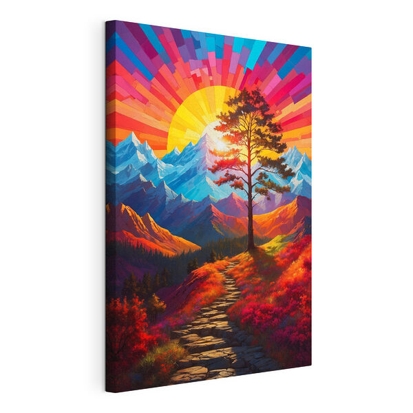 Cuadro que representa un paisaje de montaña con un árbol y una puesta de sol llena de colores Cuadros Cuadro que representa un paisaje de montaña con un árbol y una puesta de sol llena de colores