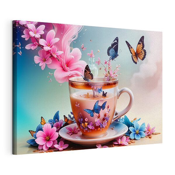 Cuadros Taza de té con flores y mariposas
